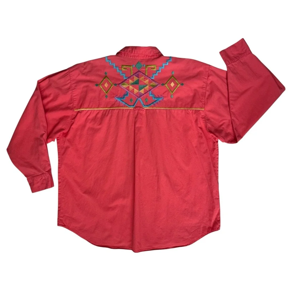 Vtg IB Diffusion Womens Western Shirt Plus 22W Coral Colorful Embroidery Cowgirl